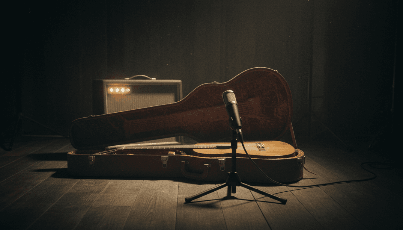 Studioatmosphäre mit Mikrofon und Gitarrenkoffer, stimmungsvoll beleuchtet