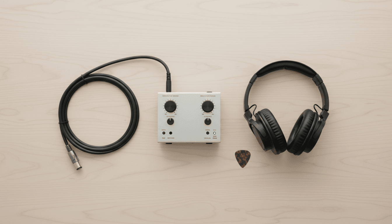 Tisch mit Audiointerface und Gitarrenzubehör