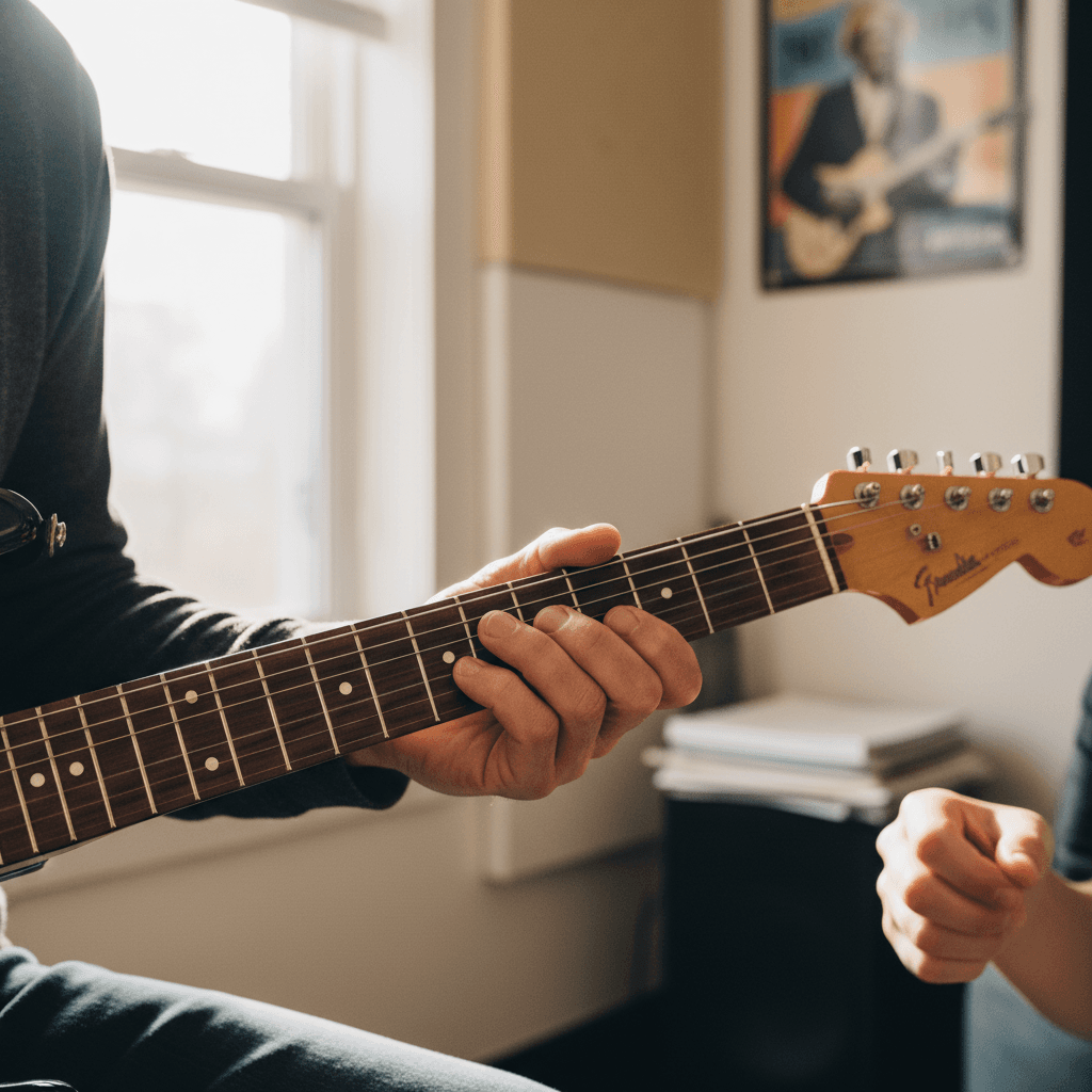 Guitar instructor's hands demonstrating proper finger positioning on electric guitar fretboard in bright natural light