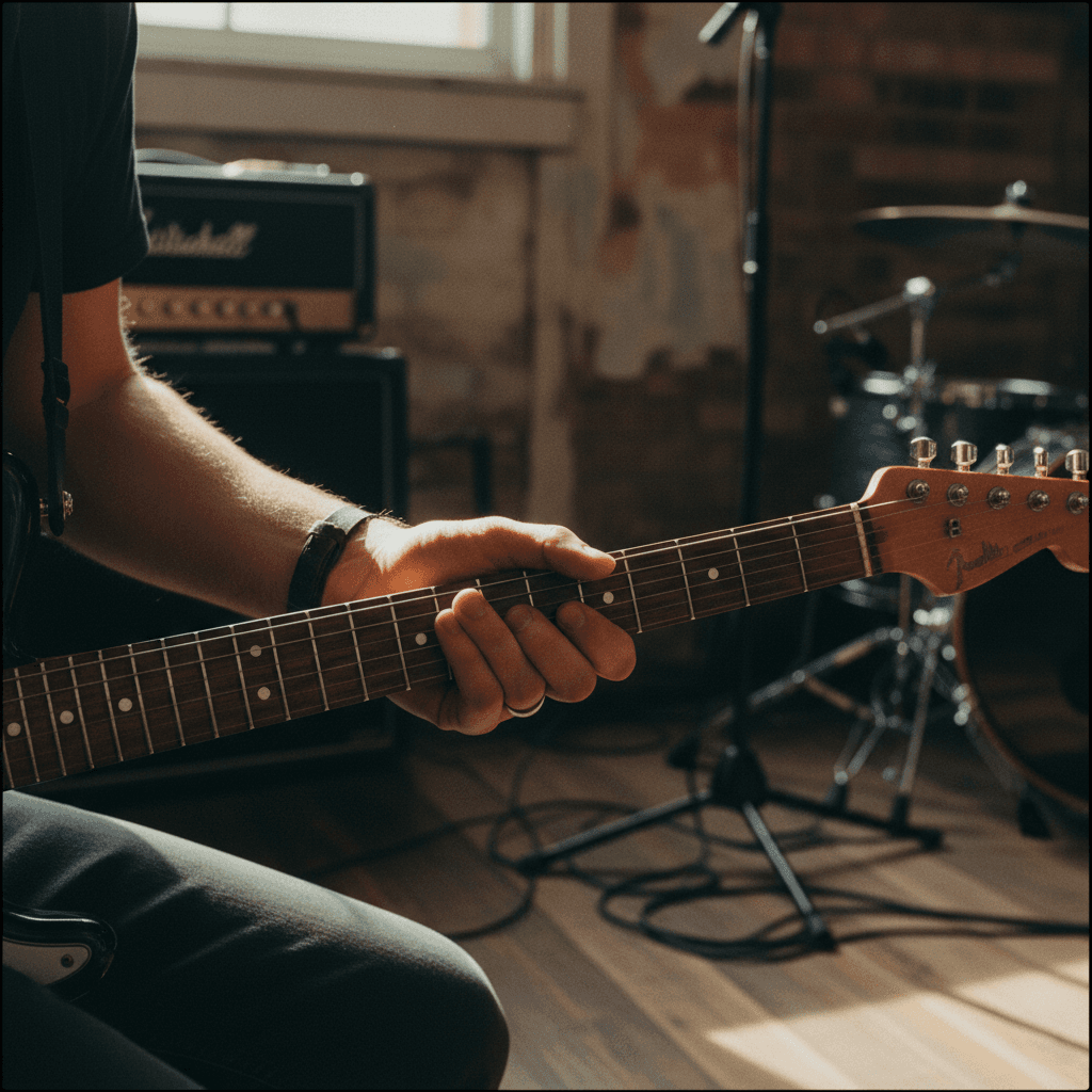 Arbeitsraum mit Gitarrensammlung