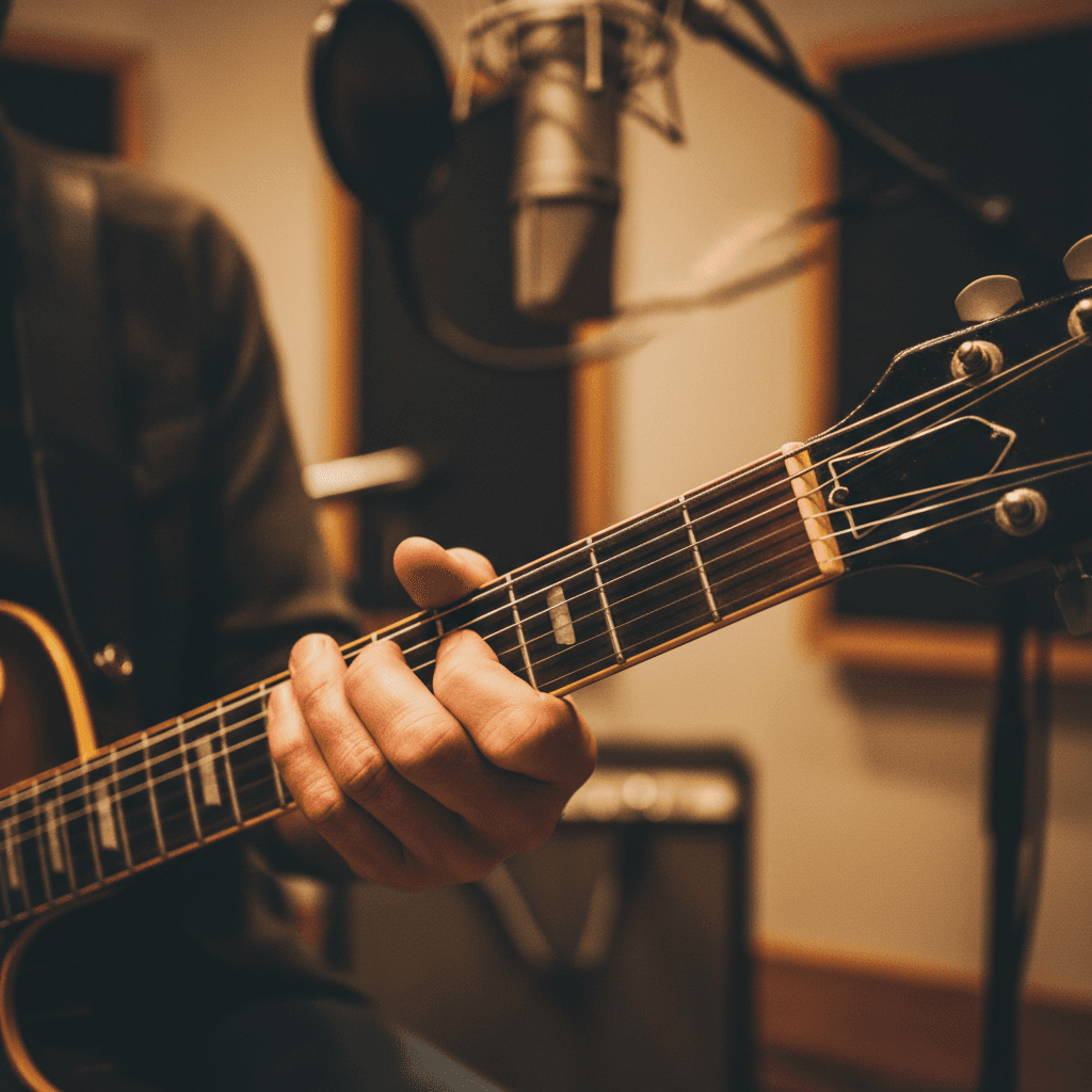 Gitarrist spielt in einem Berliner Tonstudio an einem Mischpult