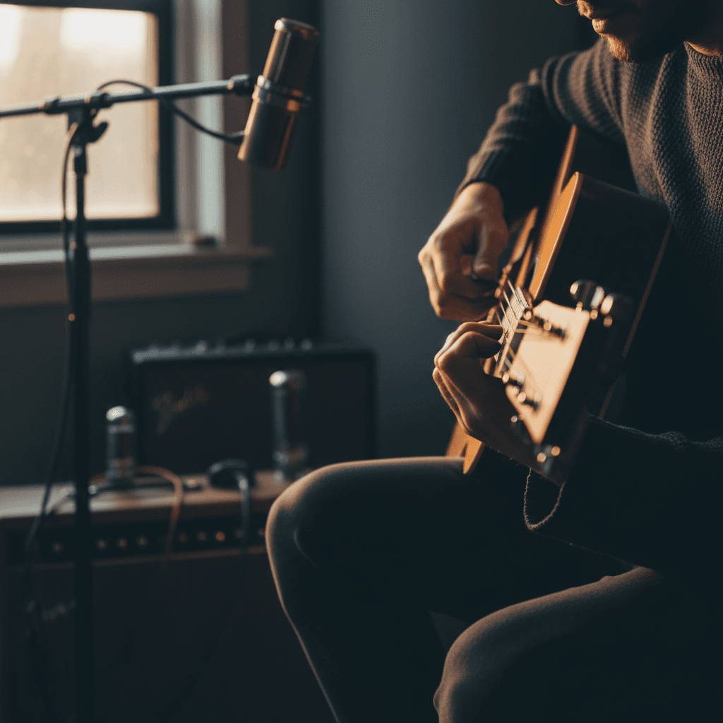 Portrait mit akustischer Gitarre im Tageslicht