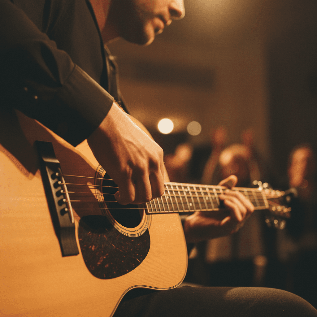 Nahaufnahme von Torsten Webers Händen an der Gitarre