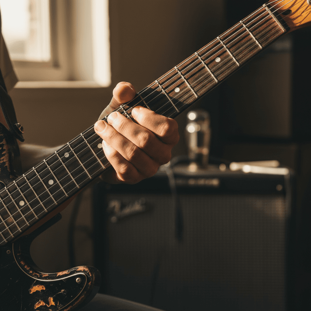 Gitarrist spielt auf einer Bühne bei gedämpftem Licht