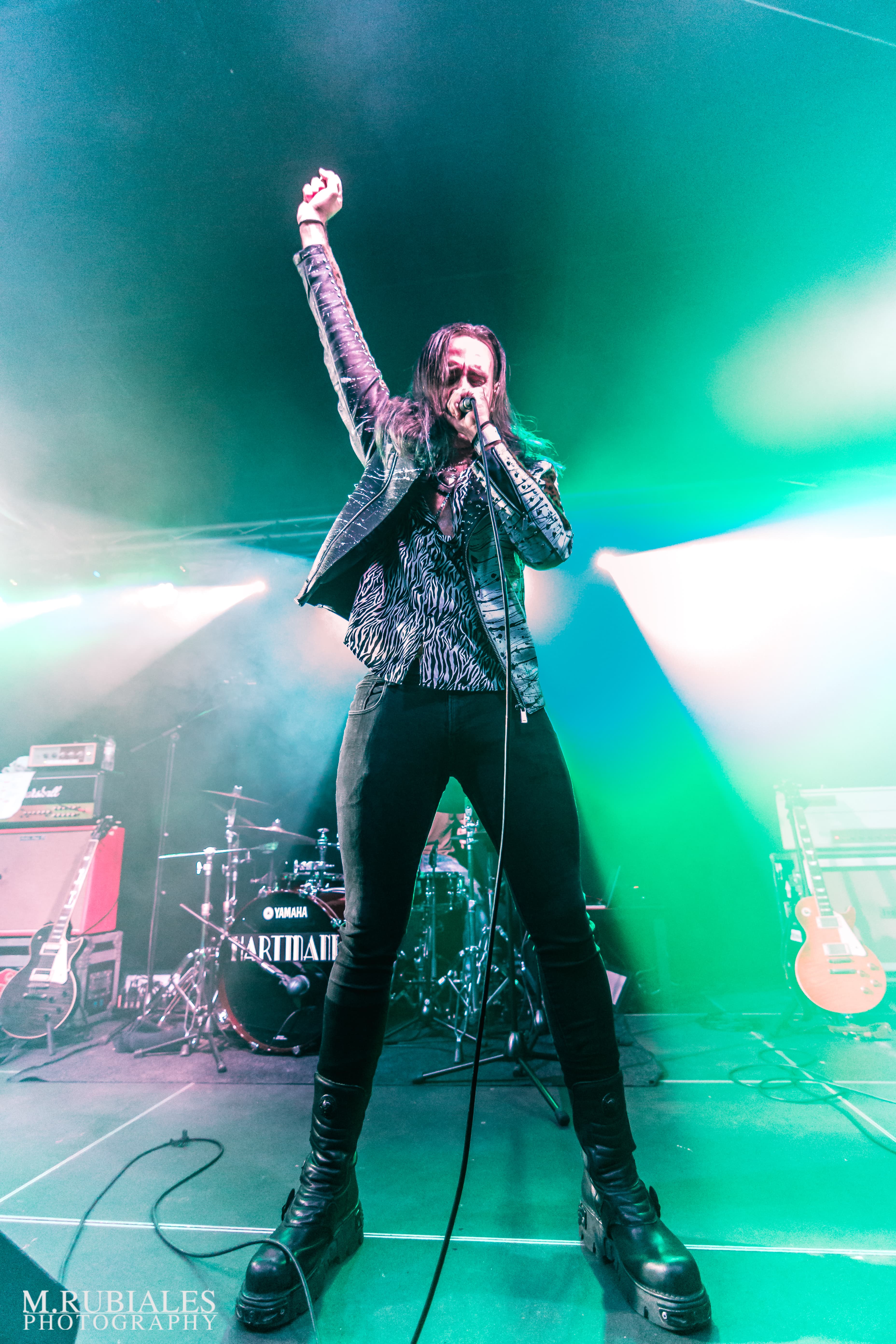 Rocksänger in Lederjacke singt leidenschaftlich mit erhobenem Arm auf einer grün beleuchteten Konzertbühne.