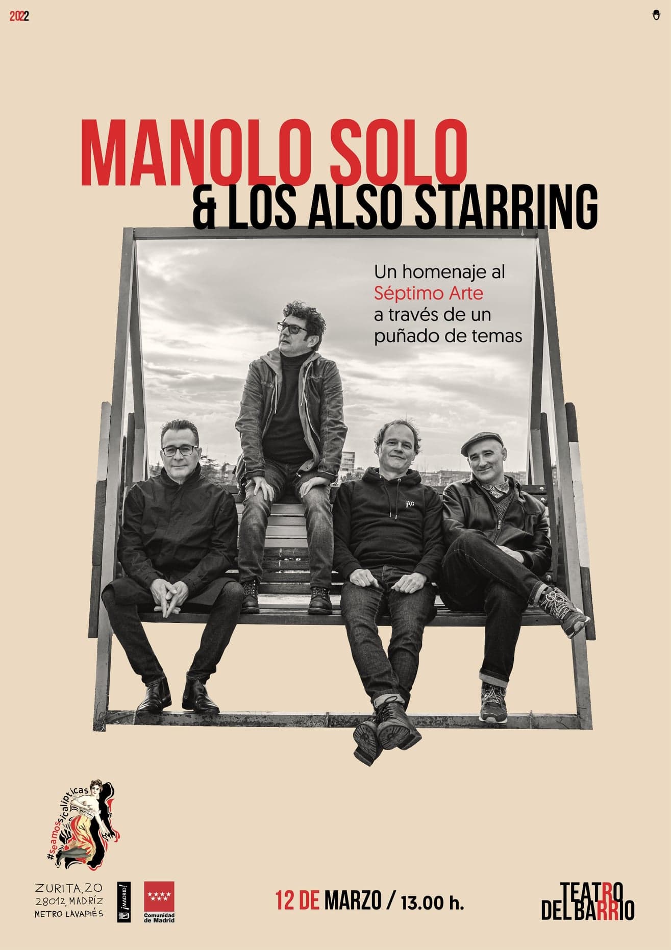 Schwarzweißes Plakat zeigt vier Männer auf einer Bank für Manolo Solo & Los Also Starring.
